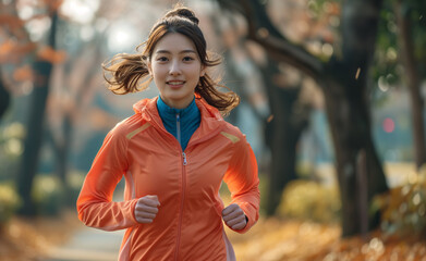 Japanese woman jogging in park