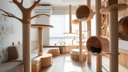 Cat-Themed Apartment Indulge your inner feline in this unique cat-themed space, featuring scratching posts disguised as miniature skyscrapers - obrazy, fototapety, plakaty