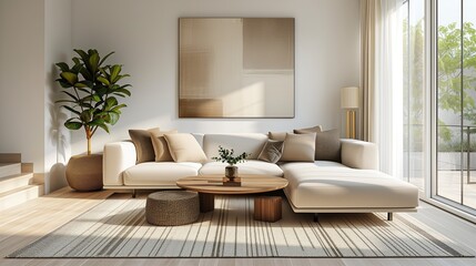 Modern living room interior design. The room features clean lines, neutral colors, and a blend of sleek furniture and minimalist decor