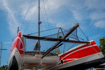 Motor yacht moored for repairs and service in dry dock
