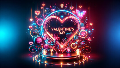 Happy Valentine Day card in neon style on dark blue background