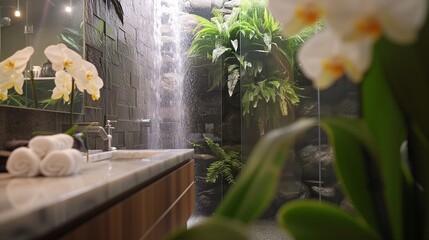 Hidden Waterfall Bathroom Water cascades down a rock wall behind sleek glass shower, Lush greenery spa atmosphere. Delicate orchids adorn the vanity, adding tropical elegance to this tranquil retreat