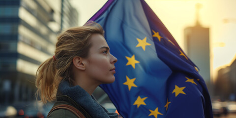 Young woman holds European flag in her hands - obrazy, fototapety, plakaty