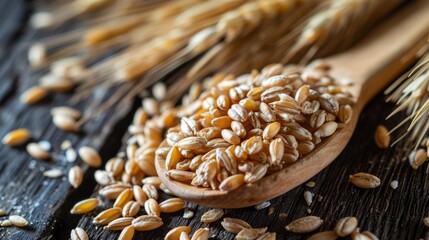 Fototapeta premium spread the barley grits on a wooden spoon in close-up on a beautiful background. The concept of a grocery store.