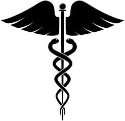 Classical, simple, and clean medical symbol of  Caduceus, similar to the Rod of Asclepius but with two snakes, Medical or therapeutical snakes, and a wand with wings, a health care icon - obrazy, fototapety, plakaty