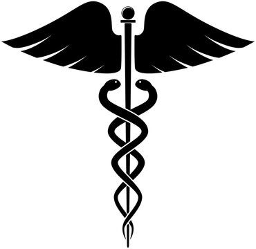 Classical, simple, and clean medical symbol of  Caduceus, similar to the Rod of Asclepius but with two snakes, Medical or therapeutical snakes, and a wand with wings, a health care icon