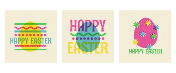 Deurstickers Happy Easter in risograph style.Set of square banners for social networks. Rizo print effect.Retro style.Vector stock illustration. © Svetlana
