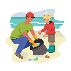 Family father and daughter cleaning up trash on the sea beach together. Sustainable climate visuals. Caring for the environment, ecology. Vector stock illustration.