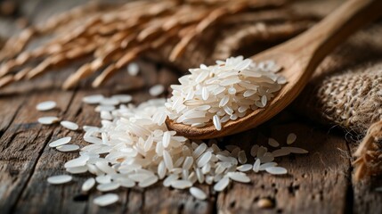 white rice on a wooden spoon in close-up on a beautiful background. The concept of a grocery store.