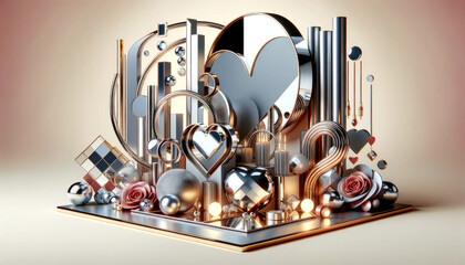 Valentine's Day geometry design with metallic and mirrored elements. Modern design of chrome heart