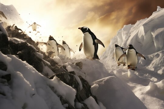 Penguins sliding down a snowy hill.