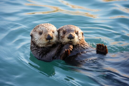 Sea otters floating on their backs, holding hands.