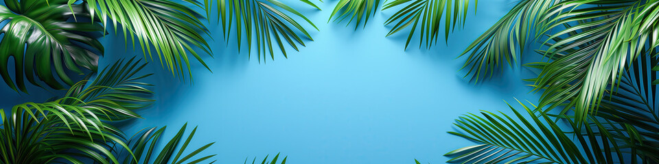 Fototapeta na wymiar palm tree leaves on blue background