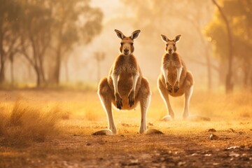 Kangaroos hopping and playing in an open field.