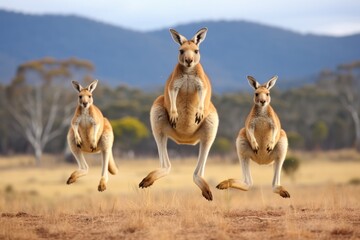 Kangaroos hopping and playing in an open field. - obrazy, fototapety, plakaty