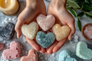 Close-up of hands creating personalized heart-shaped bath bombs for a spa day