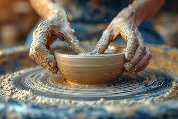 Close-up of hands creating personalized love-themed pottery on a wheel