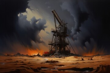 Oil pump oil rig energy industrial machine for petroleum in the sunset background for design. Dark hell abstract background - obrazy, fototapety, plakaty