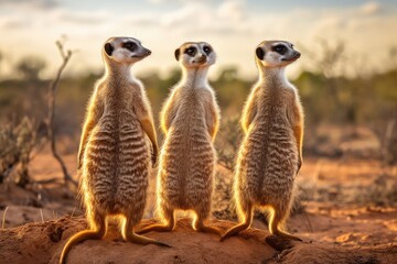 A group of meerkats standing on hind legs, surveying their surroundings. - obrazy, fototapety, plakaty