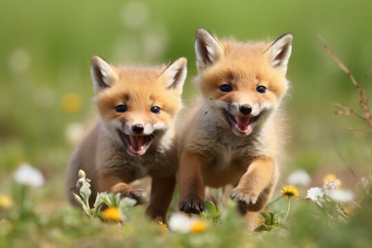 Playful fox kits pouncing on each other in the grass.