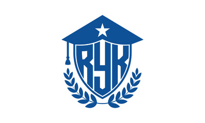 RYK three letter iconic academic logo design vector template. monogram, abstract, school, college, university, graduation cap symbol logo, shield, model, institute, educational, coaching canter, tech