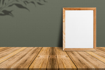Blank white paper poster on plank wooden floor and concrete wall, Template mock up for adding your...