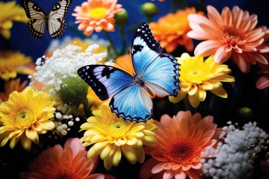 Butterflies fluttering around a garden of blooming flowers.