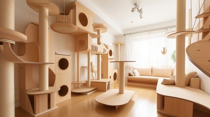 Naklejka na ściany i meble Cat-Themed Apartment Indulge your inner feline in this unique cat-themed space, featuring scratching posts disguised as miniature skyscrapers