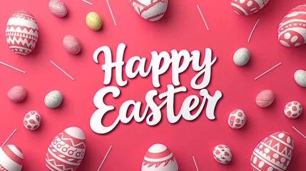 Fotobehang Pastel easter eggs background with the word "HAPPY EASTER" for banner, greeting card, and postcard.   © AnyPic289