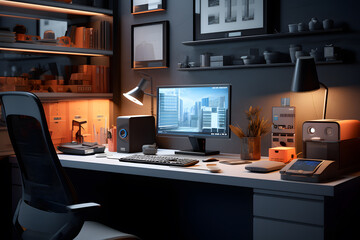 office with a built-in workspace niche and hidden cable