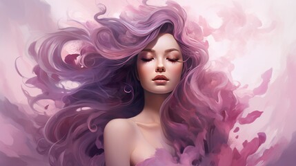 Beautiful young woman with pink hair and flowers. Portrait of a girl with curly hair.