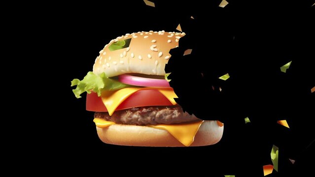 Delicious burger eating animation, stop motion. Fast food concept. Sliced motion. 4k resolution