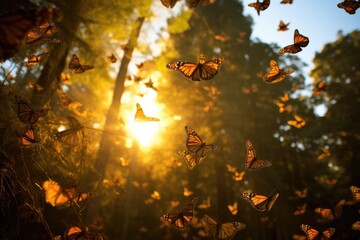 Monarch butterflies migrating in a beautiful swarm.