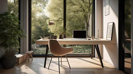 Serene Home Office Overlooking Lush Forest AI-Generative