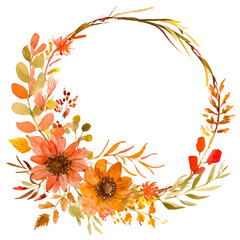 Autumn floral frame isolated on white. Fall wreath. Rusty flowers circle border. Terracotta wedding