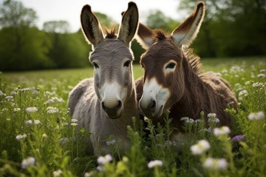 Playful donkeys nuzzling each other in a meadow.