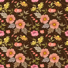 Cute colorful flowers and leaf on dark brown color background seamless pattern. Can be used for fabric textile wallpaper.