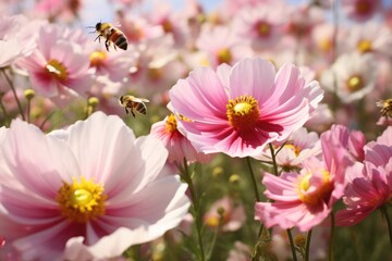 Bees buzzing around a field of blooming flowers.