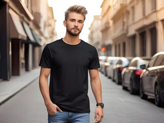 Young Model Shirt Mockup, Boy wearing black t-shirt on street in daylight, Shirt Mockup Template on hipster adult for design print, Male guy wearing casual t-shirt mockup placement