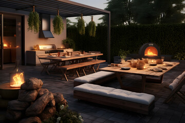 An outdoor BBQ space with built in seating