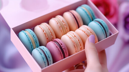 Warm Pastels and Sweet Delights: A Gentle Hand Presents a Box of Pastel Soft-hued Colorful Macarons