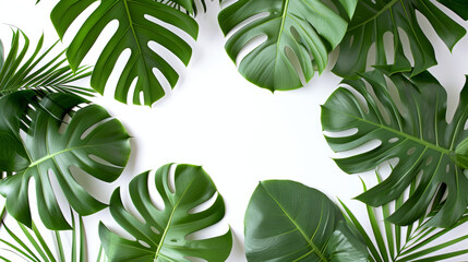 Monstera leaves frame on white background. Flat lay composition with copy space. Tropical plant and nature concept design for banner, wallpaper, or greeting card - obrazy, fototapety, plakaty