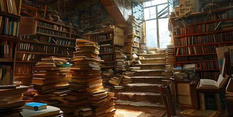 A room full of stacks of books piled up to the ceiling in a magical library or bookshop