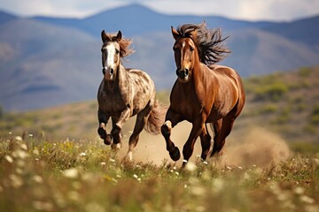 Wild horses galloping and playing in an open field.