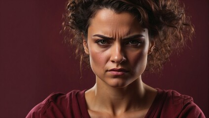 A woman with furrowed brows and a furious gaze, positioned towards the left edge on a deep maroon background, ensuring an expansive copy space on the right. generative AI