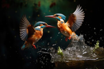 Kingfishers diving into water to catch fish.