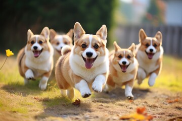 A group of corgis herding and playing together.