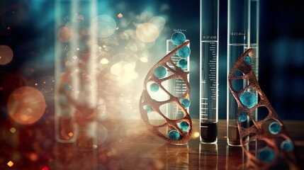 DNA hologram on contemporary business center exterior background, biotechnology and genetic concept. Multiexposure. physics, biology