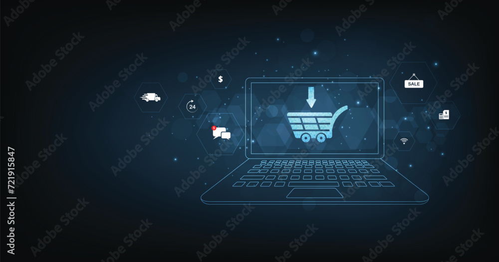 Aufkleber Online business and Internet trading concept. A virtual image cart on a dark blue background conveys purchasing products and services via the Internet.	