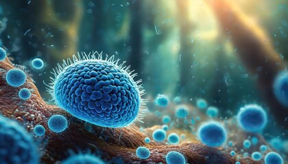 close up of 3d microscopic blue bacterias, on cell ; concept science and medical education